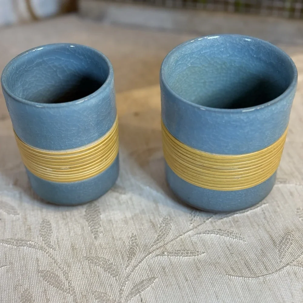 Vtg Tea Cups Crackled Pottery‎ Blue and Bamboo Wrapped. Sake Or Tea. Set of 2